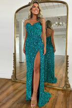 Load image into Gallery viewer, Sparkly Mermaid Sweetheart Gold Long Prom Dress with Split Front