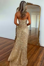 Load image into Gallery viewer, Sparkly Mermaid Sweetheart Gold Long Prom Dress with Split Front