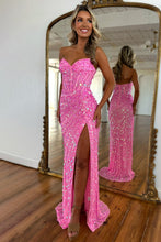 Load image into Gallery viewer, Sparkly Mermaid Sweetheart Gold Long Prom Dress with Split Front
