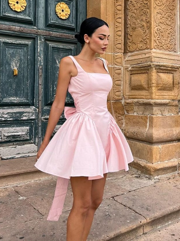 pink short homecoming dress Luuvis Women Sweety A Line Square Neck Cocktail Dress with Bowknot Size:US 8 / UK 7 Fabric: Silkish Pink / Multicolor Floral Dark Green Black Lace