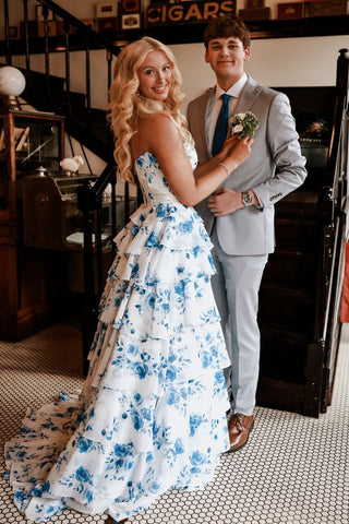 Sweety A Line Sweetheart Blue Floral Printed Long Prom Dress with Ruffles