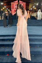 Load image into Gallery viewer, Elegant A Line V Neck Pink Chiffon Long Prom Dress with Ruffles