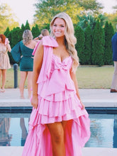 Load image into Gallery viewer, Touching A Line Spaghetti Straps Pink High Low Homecoming Dress with Bowknot
