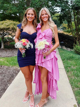 Load image into Gallery viewer, Touching A Line Spaghetti Straps Pink High Low Homecoming Dress with Bowknot
