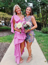 Load image into Gallery viewer, Touching A Line Spaghetti Straps Pink High Low Homecoming Dress with Bowknot
