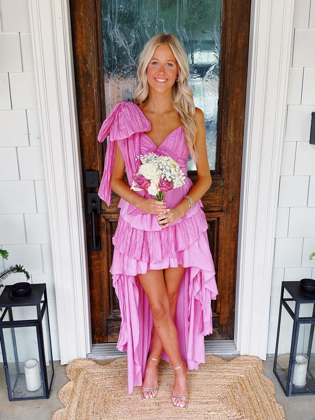 Touching A Line Spaghetti Straps Pink High Low Homecoming Dress with Bowknot