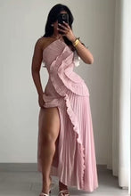 Load image into Gallery viewer, Trendy A Line Halter Neck Pink Long Prom Dress with Ruffles
