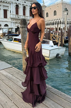 Load image into Gallery viewer, Trendy A Line Spaghetti Straps Burgundy Long Prom Dress with Ruffles