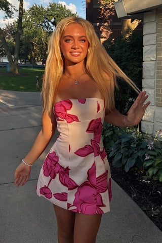 Trendy A Line Strapless Pink Printed Short Homecoming Dress