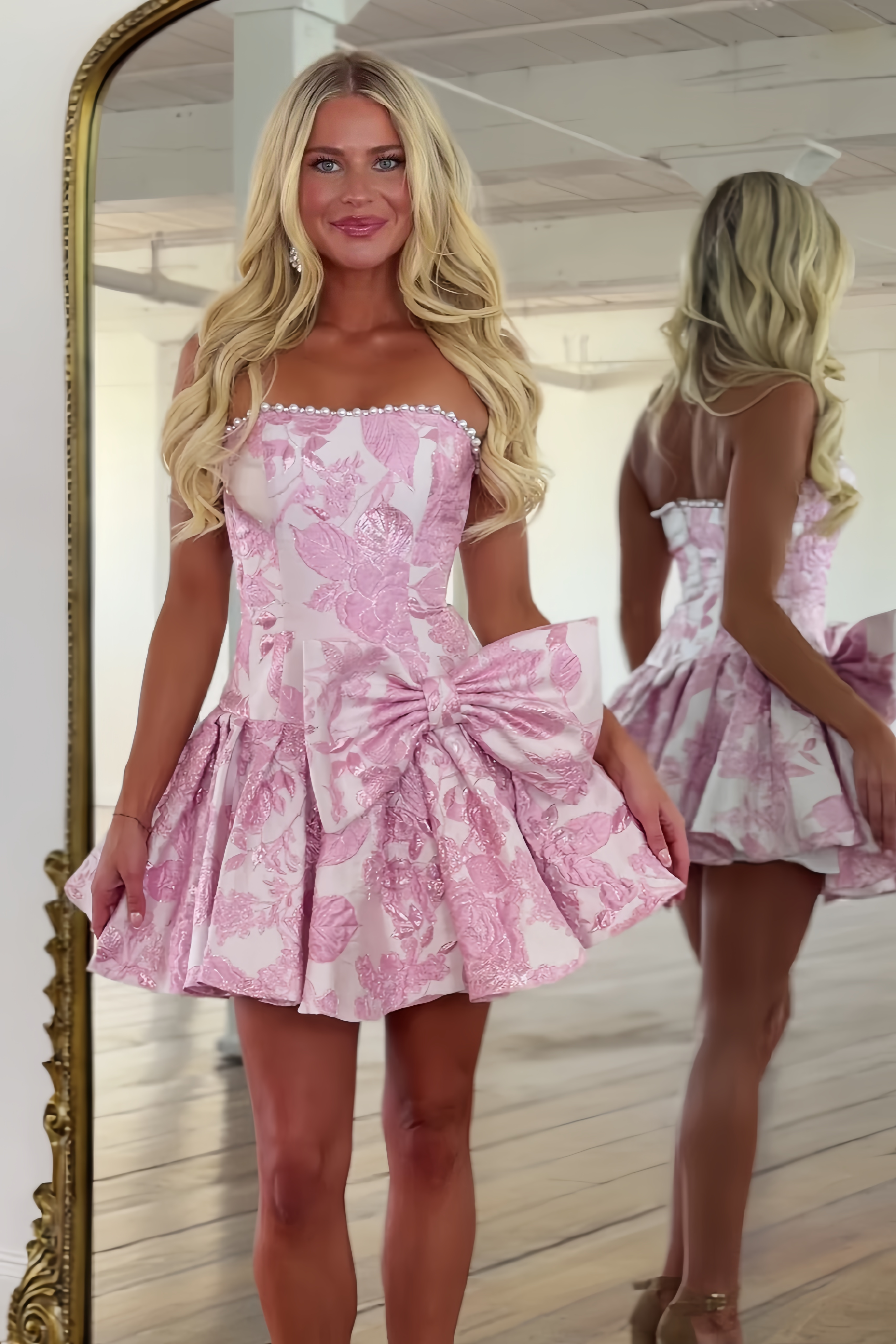 Trendy A Line Strapless Pink Short Homecoming Dress with Pearls Bowknot