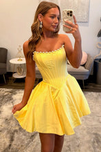 Load image into Gallery viewer, Trendy A Line Strapless Yellow Corset Homecoming Dress with Pearls