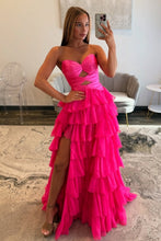 Load image into Gallery viewer, Trendy A Line Sweetheart Hot Pink Long Prom Dress with Keyhole Ruffles