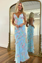 Load image into Gallery viewer, Beautiful Mermaid Spaghetti Straps Floral Print Yellow Long Prom Dress with Ruffles