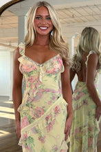 Load image into Gallery viewer, Beautiful Mermaid Spaghetti Straps Floral Print Yellow Long Prom Dress with Ruffles