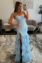 Load image into Gallery viewer, Chic Mermaid Strapless Lace Light Blue Corset Mermaid Prom Dress with Slit