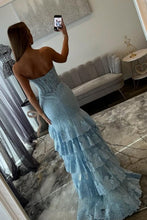 Load image into Gallery viewer, Chic Mermaid Strapless Lace Light Blue Corset Mermaid Prom Dress with Slit