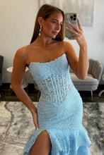 Load image into Gallery viewer, Chic Mermaid Strapless Lace Light Blue Corset Mermaid Prom Dress with Slit
