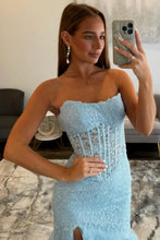 Load image into Gallery viewer, Chic Mermaid Strapless Lace Light Blue Corset Mermaid Prom Dress with Slit