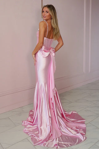 Trendy Mermaid Spaghetti Straps Keyhole Pink Long Prom Dress with Beading