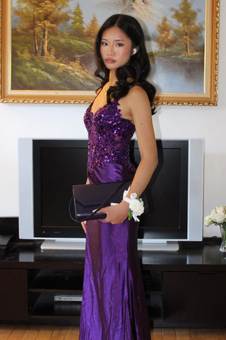 Chic Mermaid Spaghetti Straps Purple Corset Prom Dress with Appliques