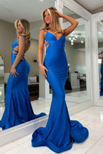 Load image into Gallery viewer, Trendy Mermaid Spaghetti Straps Royal Blue Long Prom Dress with Criss Cross Back