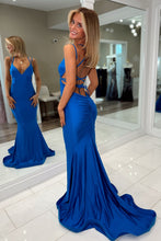 Load image into Gallery viewer, Trendy Mermaid Spaghetti Straps Royal Blue Long Prom Dress with Criss Cross Back