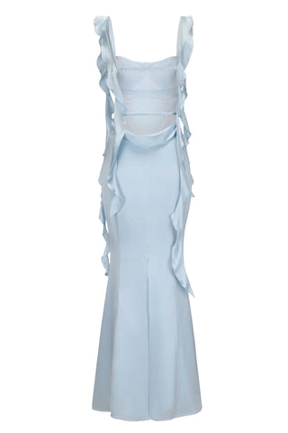 Trendy Mermaid Square Neck Light Blue Long Prom Dress with Ruffles