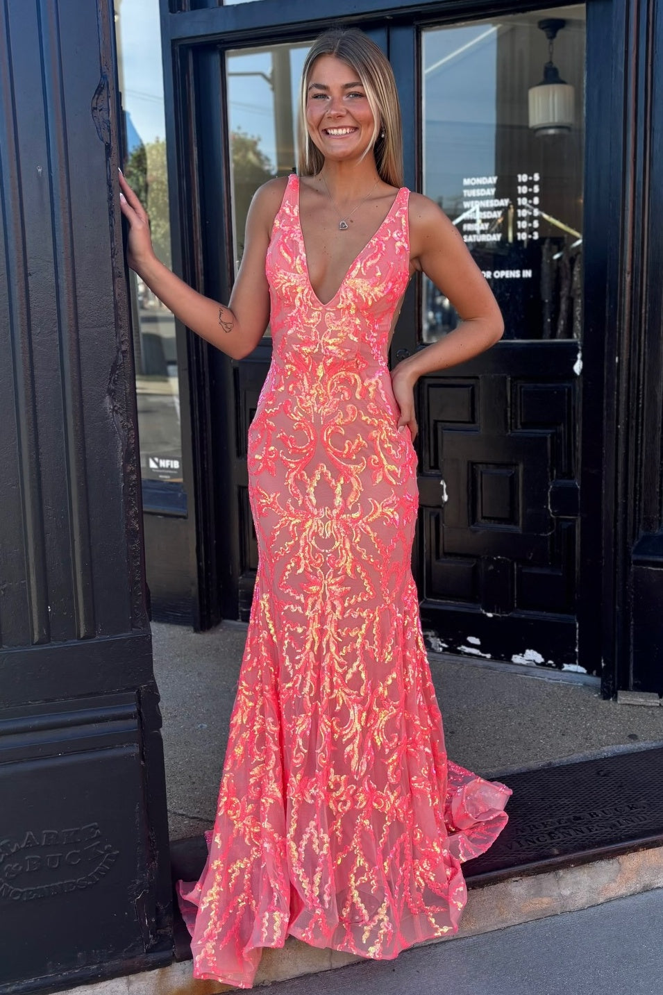 Trendy Mermaid V Neck Orange Long Prom Dress with Train