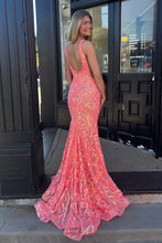 Load image into Gallery viewer, Trendy Mermaid V Neck Orange Long Prom Dress with Train
