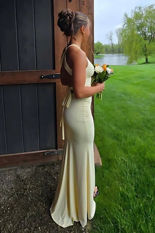 Trendy Sheath Halter Neck Yellow Long Prom Dress with Criss Cross Back