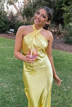 Load image into Gallery viewer, Trendy Sheath Halter Neck Yellow Satin Long Party Dress with Backless
