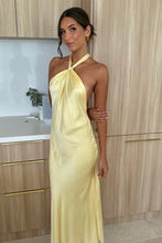 Load image into Gallery viewer, Trendy Sheath Halter Neck Yellow Satin Long Party Dress with Backless
