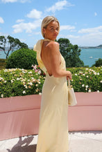 Load image into Gallery viewer, Trendy Sheath Halter Neck Yellow Satin Long Party Dress with Backless
