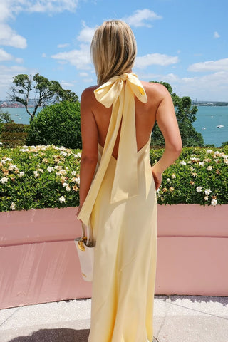 Trendy Sheath Halter Neck Yellow Satin Long Party Dress with Backless