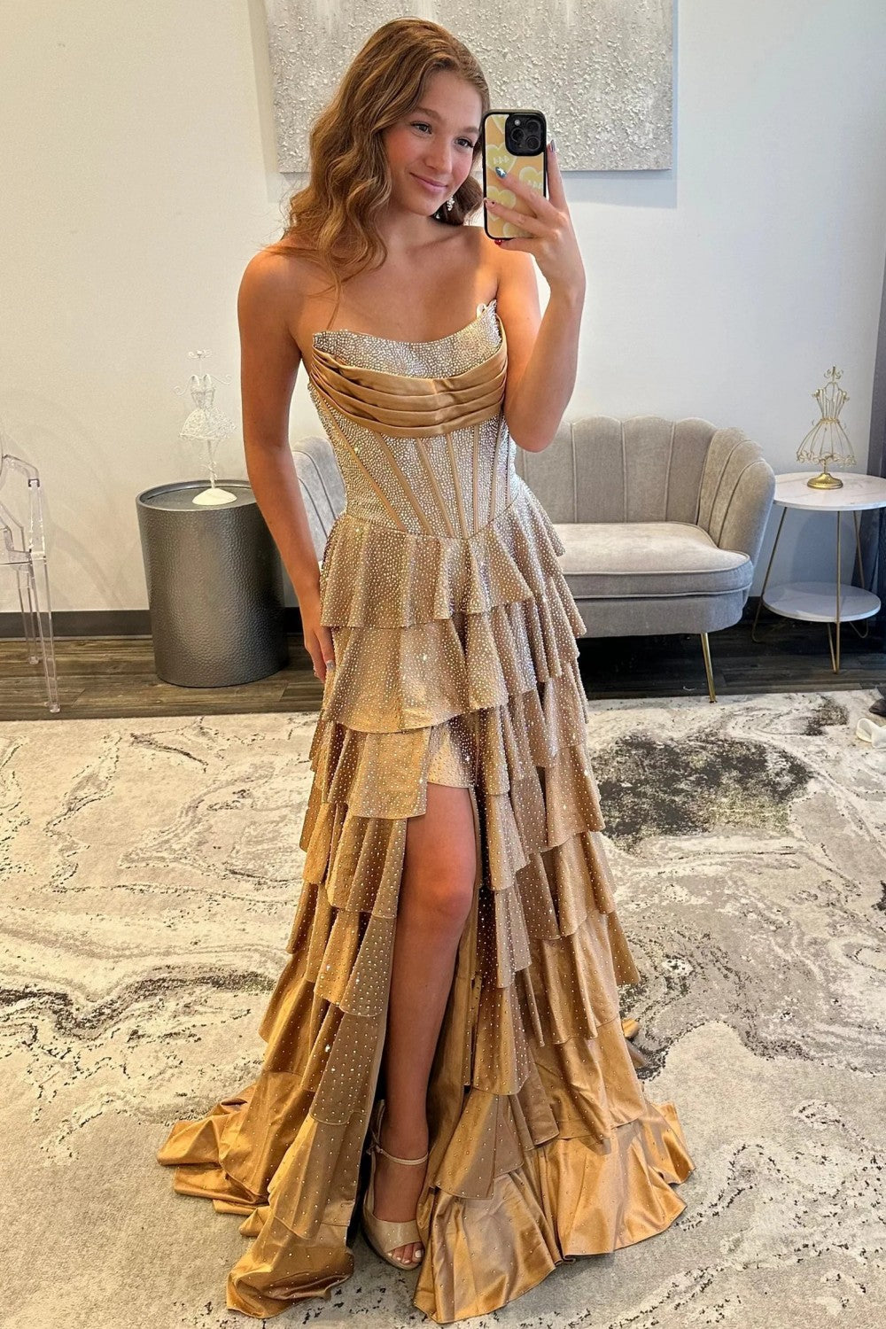 Chic A Line Strapless Champagne Corset Prom Dress with Beading Ruched