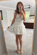 Load image into Gallery viewer, Trendy A Line Halter Neck White Short Homecoming Dress with Pearls Ruffles
