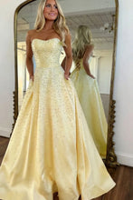 Load image into Gallery viewer, Trendy A Line Sweetheart Pink Long Prom Dress with Pearls Criss Cross Back