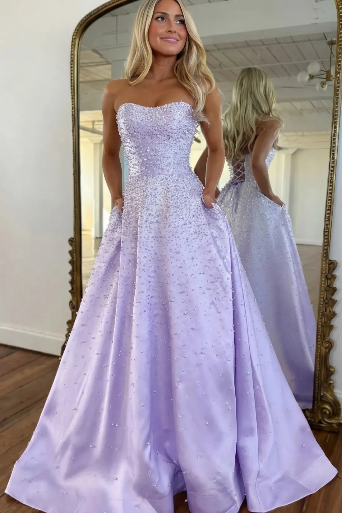 prom dress with pearls Luuvis Women Pink Long Trendy A Line Sweetheart Formal Dress Criss Cross Back Rori Cable Knit Mini and high slit ball dress for girls Color:LT LAVENDER