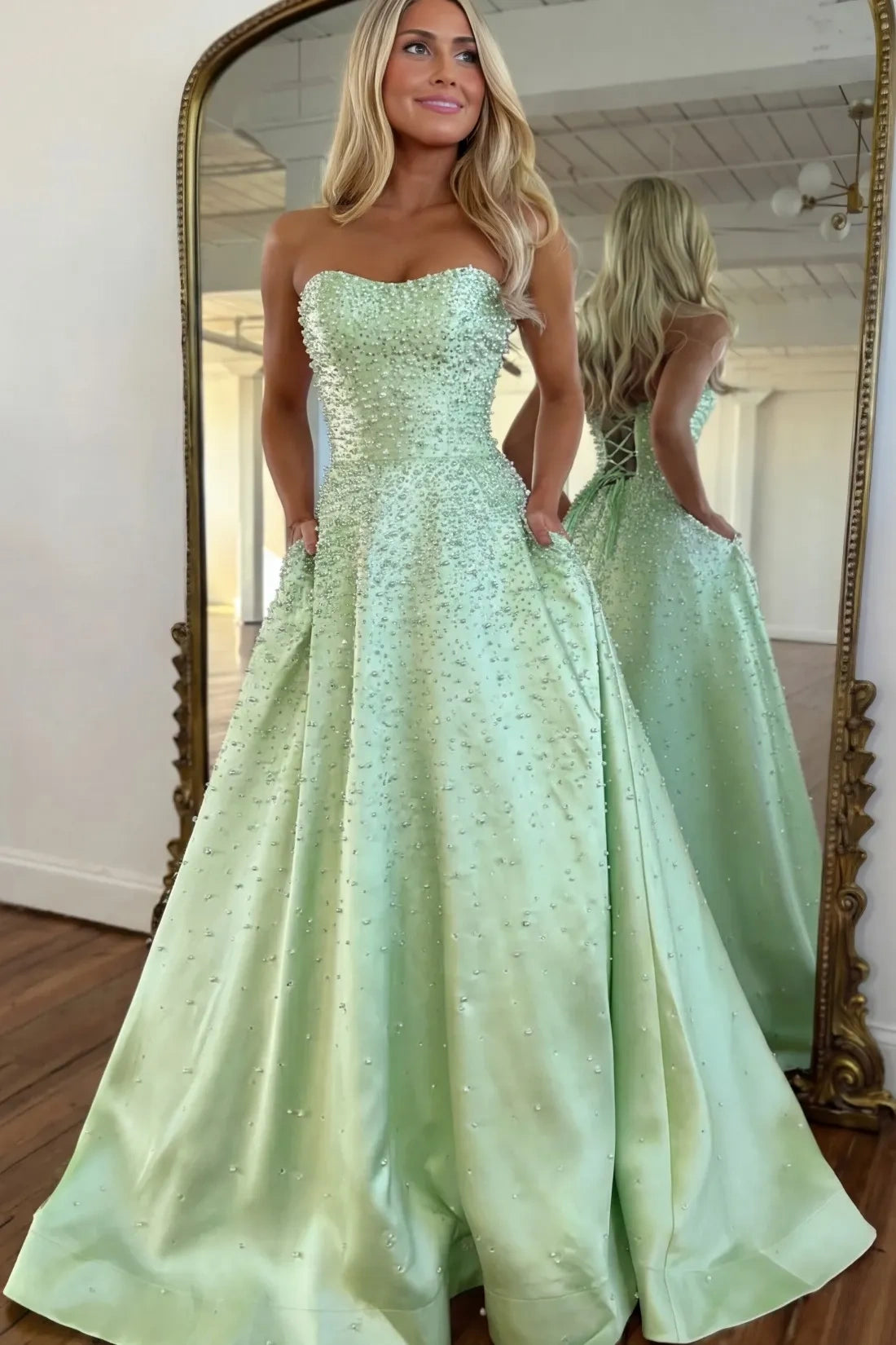 dress that green and pink pearls Luuvis Women Long Prom Trendy A Line Sweetheart Formal Dress with Criss Cross Back Men's Outfit: Black Suit, 100% Polyester . inv-192 Color:dusty-blue