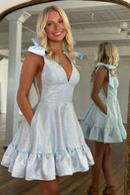 Load image into Gallery viewer, Trendy A Line V Neck Royal Blue Short Homecoming Dress with Beading Bowknot
