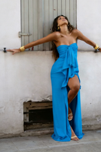 Load image into Gallery viewer, Trendy Sheath Strapless Ivory Satin Long Prom Dress with High Slit &amp; Ruffle Layers
