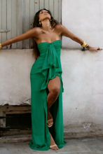 Load image into Gallery viewer, Trendy Sheath Strapless Ivory Satin Long Prom Dress with High Slit &amp; Ruffle Layers