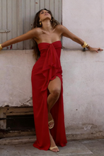 Load image into Gallery viewer, Trendy Sheath Strapless Ivory Satin Long Prom Dress with High Slit &amp; Ruffle Layers
