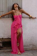 Load image into Gallery viewer, Trendy Sheath Strapless Ivory Satin Long Prom Dress with High Slit &amp; Ruffle Layers