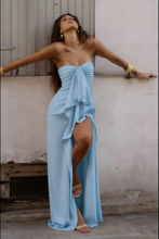 Load image into Gallery viewer, Trendy Sheath Strapless Ivory Satin Long Prom Dress with High Slit &amp; Ruffle Layers