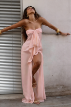 Load image into Gallery viewer, Trendy Sheath Strapless Ivory Satin Long Prom Dress with High Slit &amp; Ruffle Layers