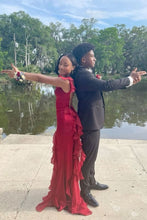 Load image into Gallery viewer, Trendy Sheath Sweetheart Dark Red Long Prom Dress with Ruffles