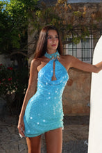 Load image into Gallery viewer, Turquoise Blue Halter Neck Beaded Mini Homecoming Dress with Keyhole Cutout