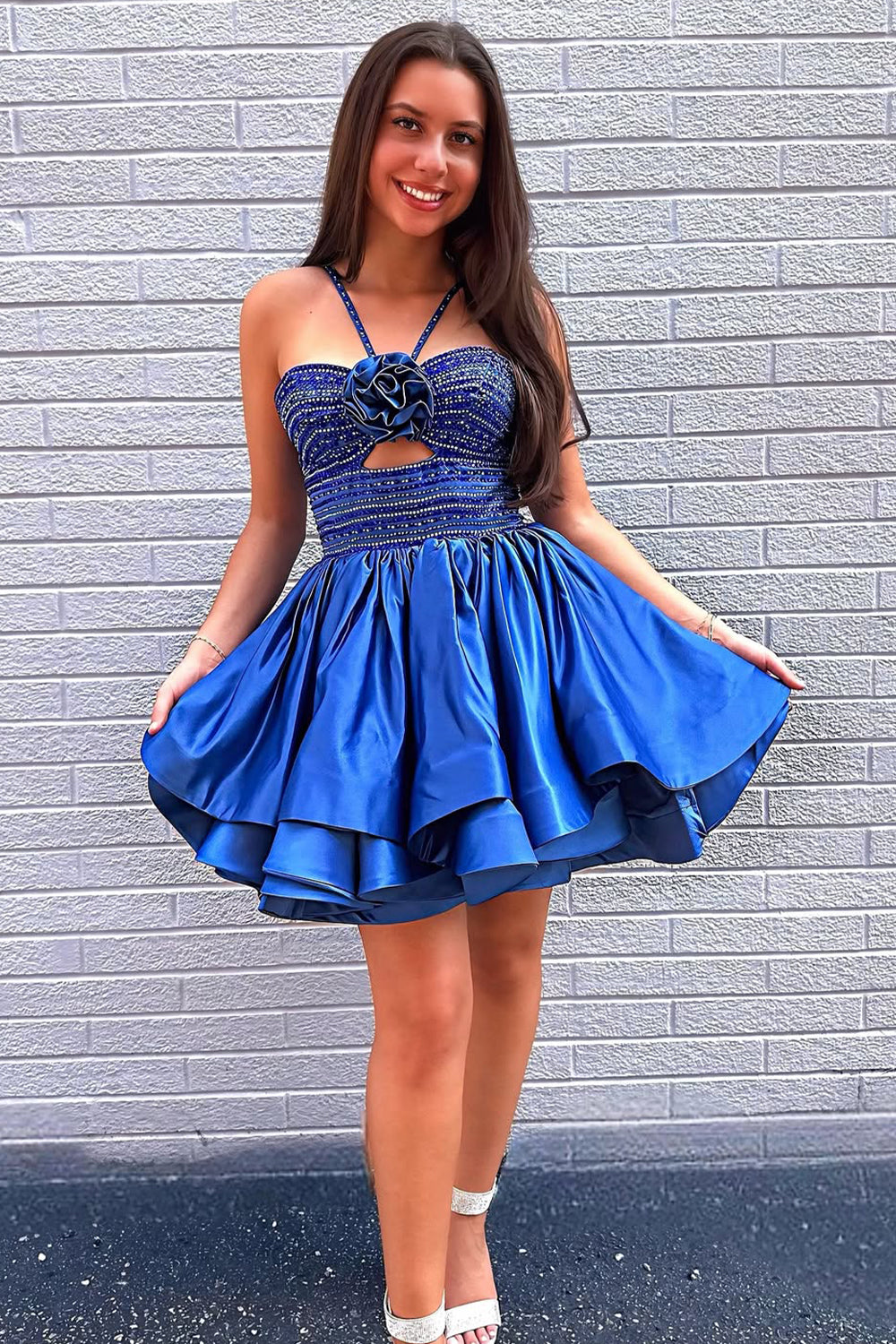 Avant-garde A Line Halter Neck Royal Blue Short Homecoming Dress with Beading Keyhole