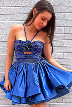 Load image into Gallery viewer, Avant-garde A Line Halter Neck Royal Blue Short Homecoming Dress with Beading Keyhole
